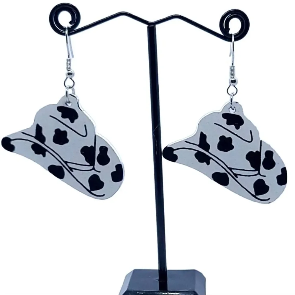Cow Print Cowboy Hat Wooden Dangle Earrings Cowgirl Western Jewelry Boho 🤠 NWT
